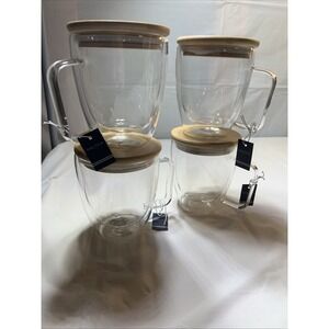 Set Of 4  Nautica Home Double Walled Glass Mugs With Bamboo Lid